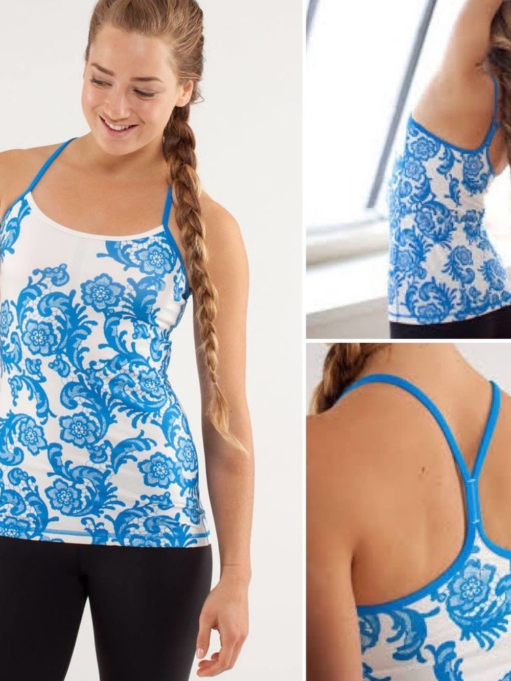 LULULEMON Power Y Tank Top Laceoflage Polar Cream Beaming Blue Lace Tank Size 6